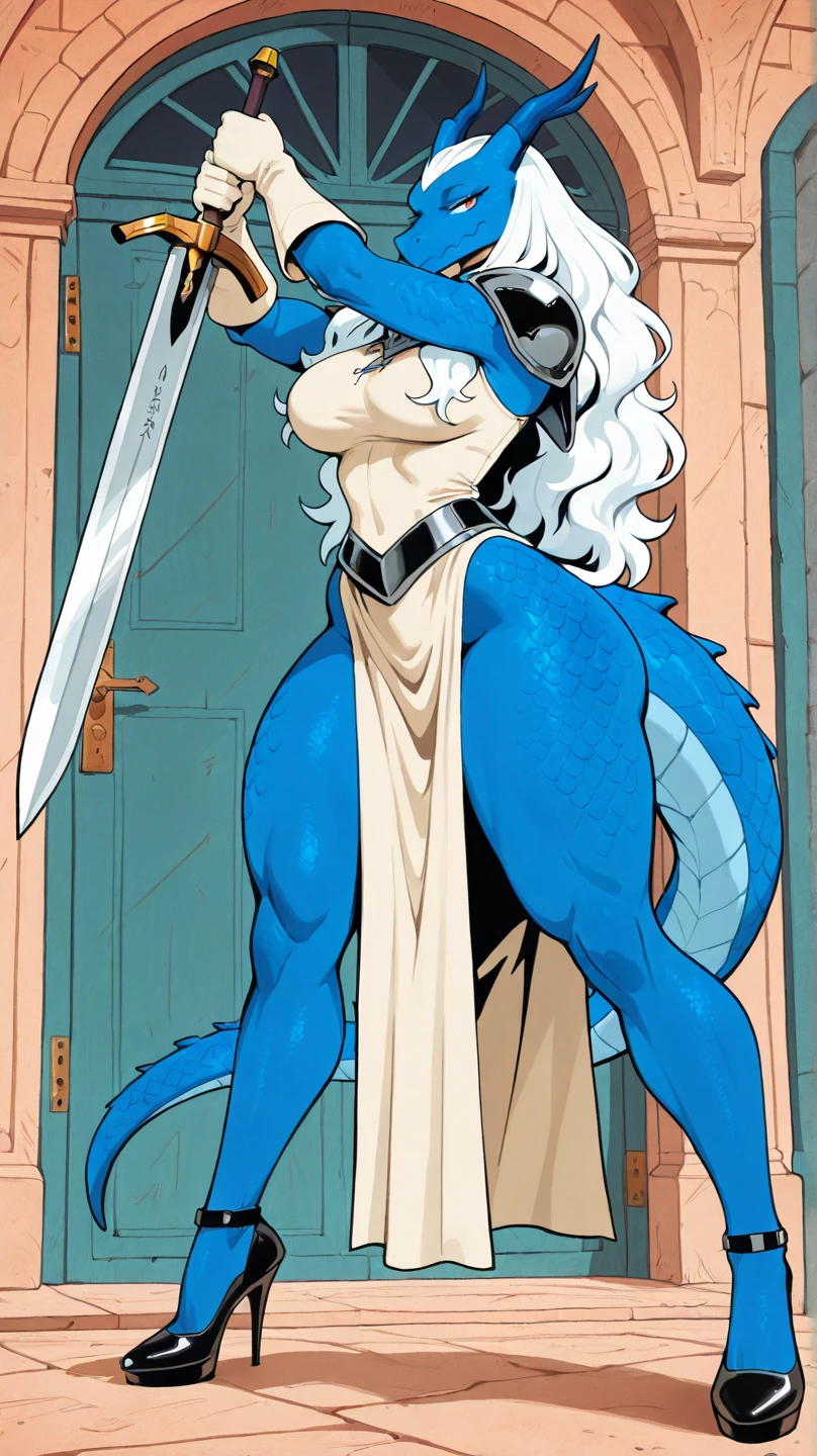 flat color, WaifuDiffusionStyle, neutral background, white splash stylized outline background, 1girl, human_hybrid_dragon_girl, white_hair, long_hair, wavy_hair, blue_horns, dragon_tail, (scaled_skin, blue_scales), curvy_body, thick_legs, large_breasts, blue_cheongsam, side_slit_dress, high_slit, gloves, holding_large_claymore_sword, stiletto_heels, standing_pose, turned_back_pose, wide_hips, seductive_expression, fantasy_creature, intricate_dress_design, pastel_background, door_in_background, stylized_art, thick_thighs, warm_soft_lighting, mature_sensual_atmosphere
