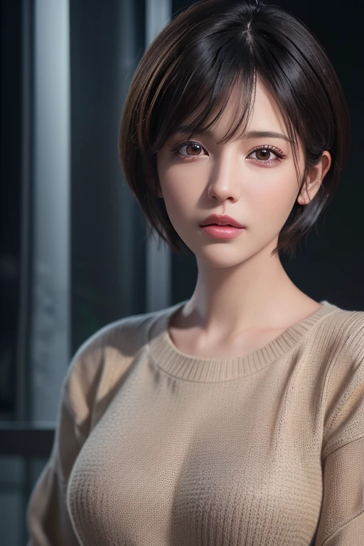 (masterpiece:1.3), (8k, photorealistic, RAW photo, best quality: 1.4), (1girl), beautiful face, (realistic face), (black hair, short hair:1.3), beautiful hairstyle, realistic eyes, beautiful detailed eyes, (realistic skin), beautiful skin, (sweater), absurdres, attractive, ultra high res, ultra realistic, highly detailed, golden ratio
