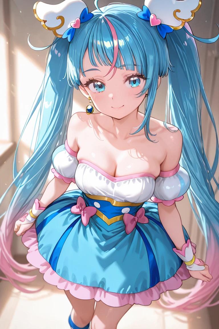 Super Idol A beautiful girl in a sparkling maid cafe A charming smile sky blue hair length hair Twin-tailed A bright forest cafe surrounded by lots of flowers Sunlight is shining in Sparkling pink and white maid uniform-style leotard facing front