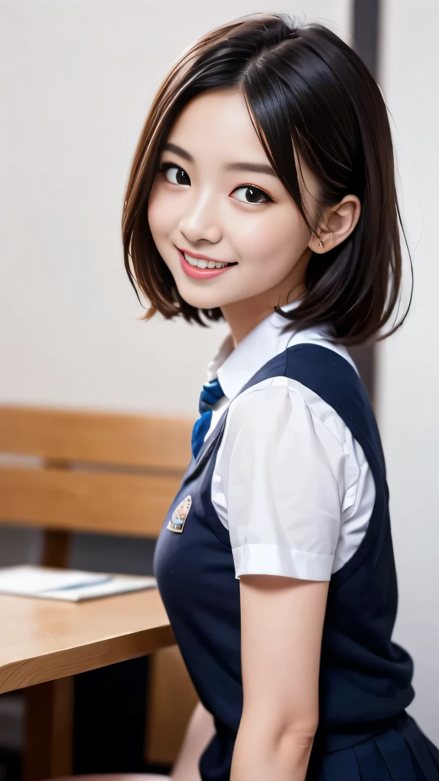 Beautiful young girl with twin tails,short hair,Spring school uniform,bag,Cute tiger teeth,look at me and smile, close-up photo, Photos taken with Canon EOS R5 DSLR camera, Light, Super real photos, intricate details, Her face is very delicate