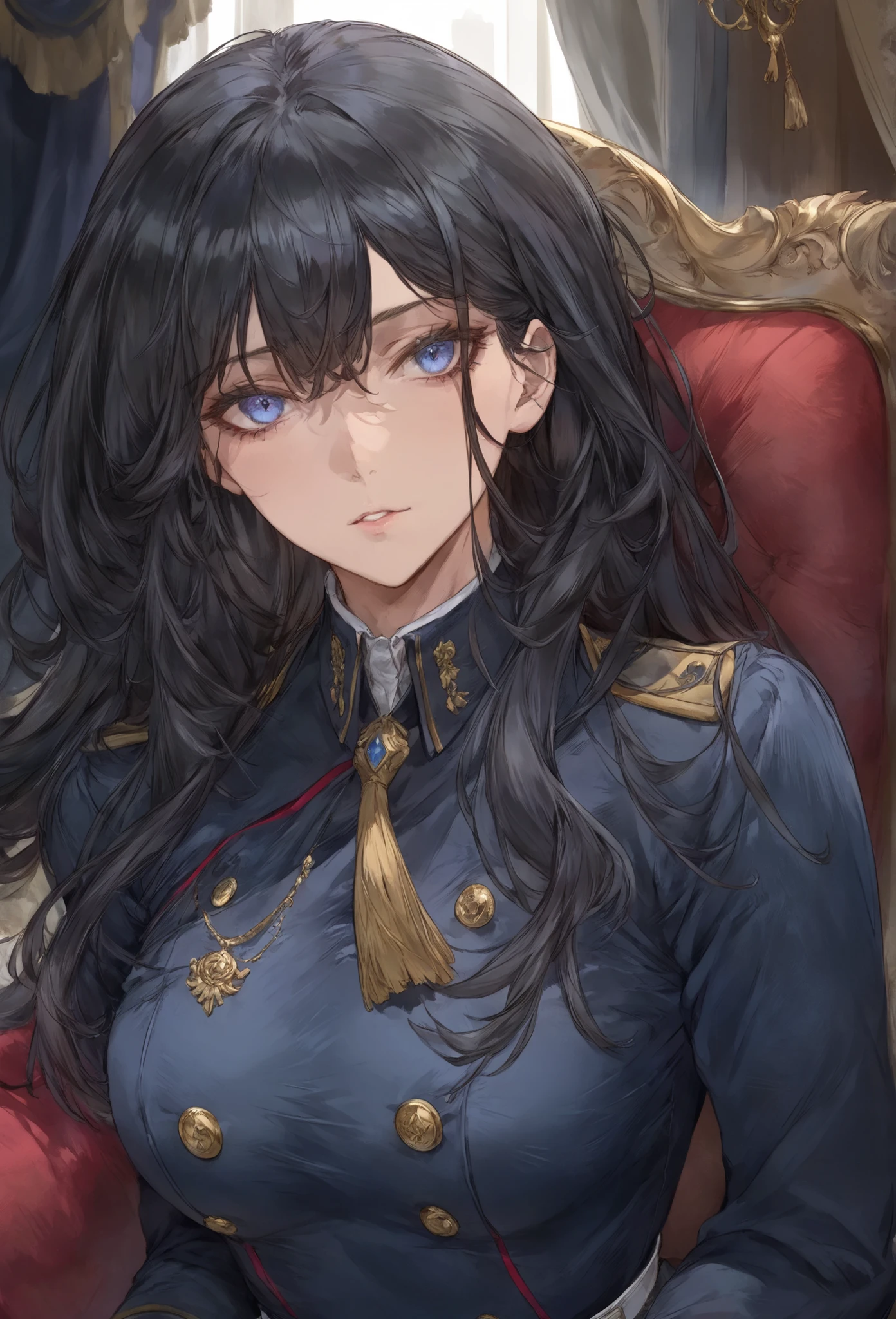 score_9, score_8_up, (masterpiece, top quality, best quality, official art, beautiful and aesthetic:1.2), (8k, best quality, masterpiece:1.2), (((masterpiece))), (((best quality))), (((extremely detailed))), illustration, (masterpiece, top quality, best quality, official art, beautiful and aesthetic:1.2), (8k, best quality, masterpiece:1.2), see-through, source_anime, 1girl, adult, ((dark hair)), dark hair, ((intimidant look)), ((close-up)), blue eyes, uniform, sexy, dark colors, brillant eyes, ((wavy hair)), perfect hands, ((intimidant look)), good anatomy, ((militar uniform)), emotionless, intimidant, ((beautiful eyes)), close up, ((detailed eyes)), beautiful eyes, ((detailed face)), detailed face, full body,