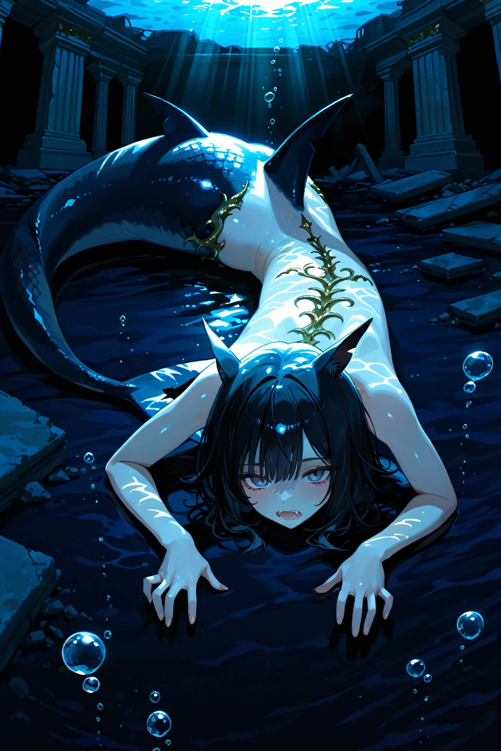 (((In the stomach))), mermaid、Small breasts、Sweat、in trouble、Arms bound by tentacles、Coiled Tentacles