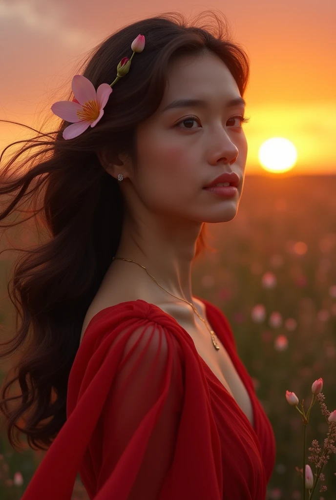An ultra detailed, a young woman in a field, red dress, wearing flowers crown, ultrarealistic sweet, hyper realistic, realism, digital art, solar, sunlight, sunlit, cinematic, perfect contrast, high sharpness, depth of field, ultra detailed photography, global illumination, smooth, ultra high definition, 8k, ultra sharp focus, award winning photograph, big breasts, purple and white flowers field