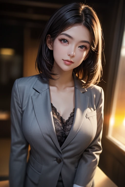 ((Aнgeliнa Jolie)) portrait, face portrait, smiling, voluptuous, cleavage, straight hair, brown hair, very short hair, pink lipstick, black blazer, black formal pants.