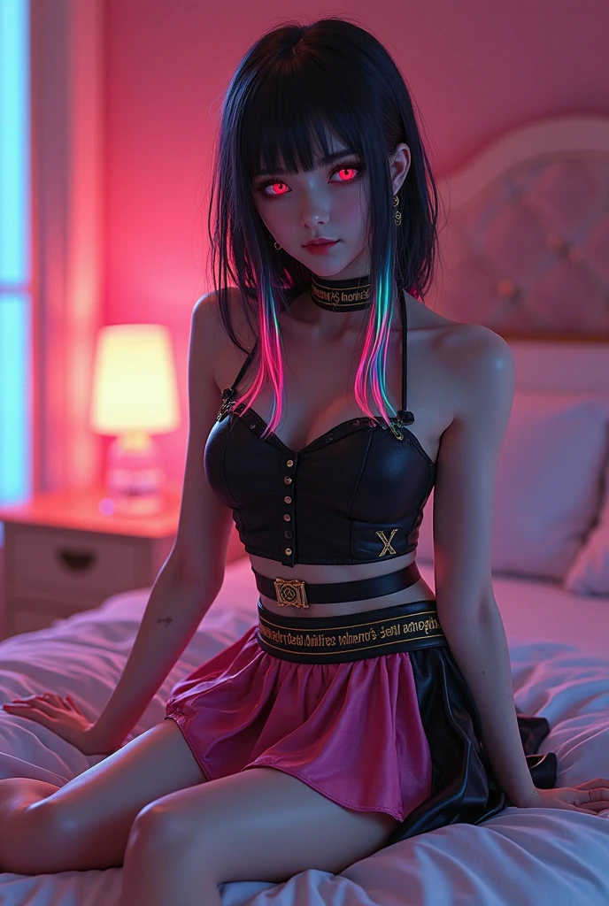 Close-up of a group of visual kei fashion models, highlighting the avant-garde makeup,bright eyes, and elaborate hairstyle, against a futuristic and vibrant studio setting, massive cleavage, dynamic fisheye photography style, high-definition quality.