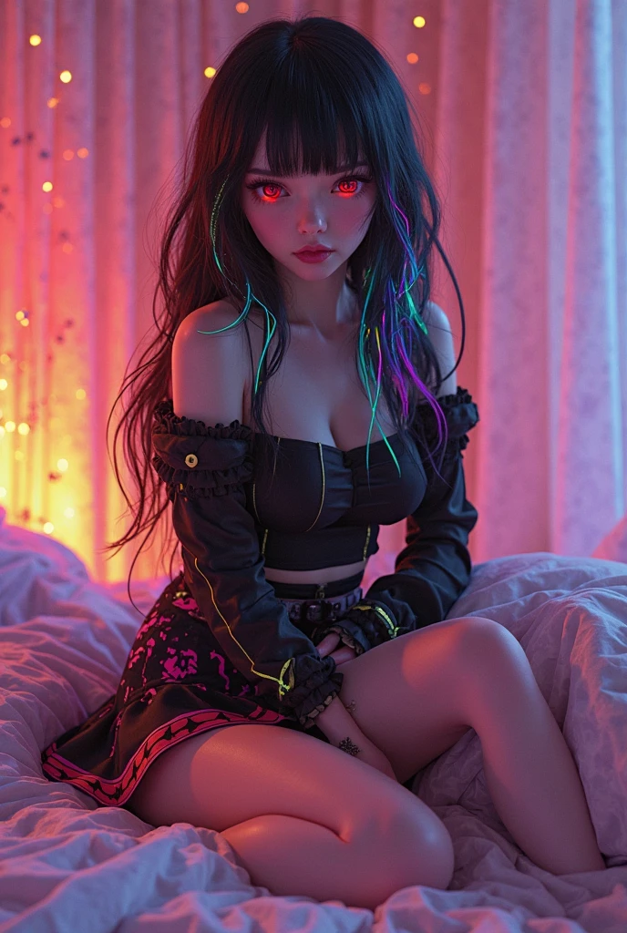 beautiful girl in messy bedroom, full body, poofy hair,
eyeliner,
emo,
emo makeup,
goth, neon lighting