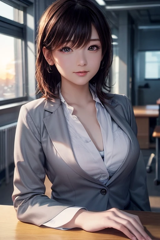 (top quality, masutepiece: 1.1), (Realistic: 1.3), BREAK (((FF7,Tifa_lockhart))),(solo,Tifa:1.2),(japanese ,gray tailored jacket,gray tailored pant,office suit:1.3) ,(office, indoor,coffee),(strong will,sexy pose:1.1),Ultra-detailed face, Detailed eyes,Red eyes, BREAK (((FF7,Tifa_lockhart))),(light brown hair, Large breasts: 1.2), BREAK (Small and beautiful hard nipple) About 18 years old,kawaii,smile,face focus:1.5,making like she wants to kiss you,shy,blush,leaning forward,suggestive,sensual,kiss,closed eyes:1.2