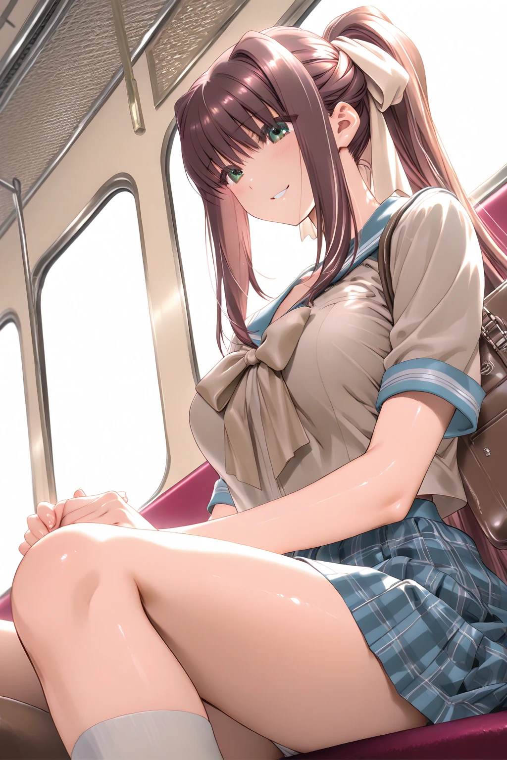 20-year-old women,,Clear images、Real women　、Brown Hair, Medium Hair〜Half-up、She is sleeping soundly with her mouth open.., Slim figure ,Breasts are a little bigger than normal , Head to toe full body shot, Shiny white high heels、 Blouse with ribbon on the chest、Checkered mini skirt, Sit comfortably in the back of the bus, 、私 threw my head back and fell into a deep sleep..,Arms hanging down. I&#39;m exhausted on the way home after work..Sleeping like the dead.My knees are open, Both feet are on the floor, sleeping face, close your eyes, Mouth wide open and drool、Tilt your head back and look up, I can rest my head on the seat and sleep soundly..., Anatomically correct,Composition looking up from the front 