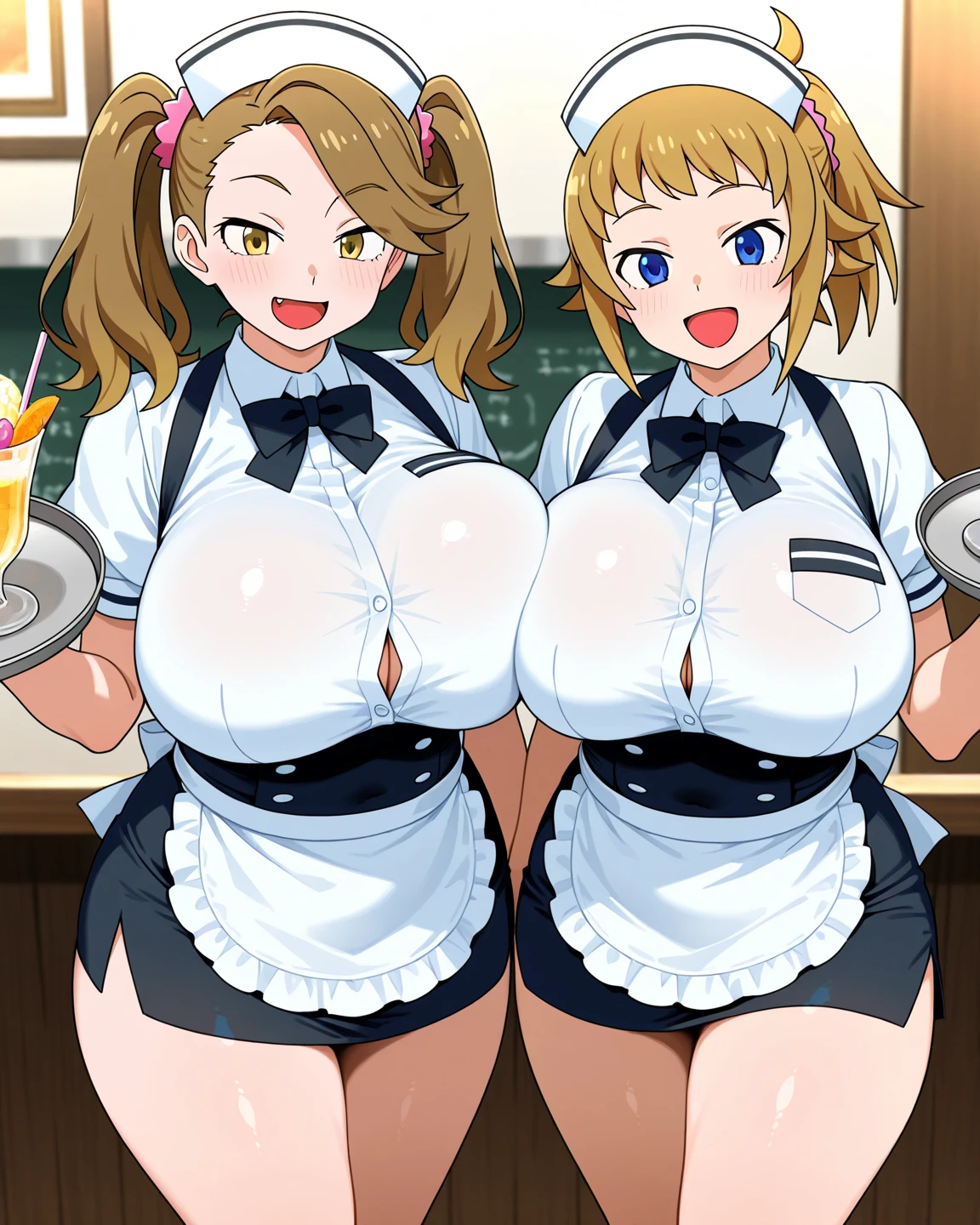 Score_9, score_8_up, score_7_up, score_6_up, score_5_up, score_4_up, source_anime, 2girls, cute student, young female, sagging gigantic huge breasts, wide hips, thick thighs, huge areolae, areola slip, black areolae, dark areolae, milk, cashier counter, pov, detailed eyes, brown eyes, looking at viewer, crowded, in milk shop, sleeveless, apron uniform, staff visor, embarrassing smile, collarbone, head tilt, very hairy stomach hair, showing armpit, hairy armpit hair, bukkake, sperm on armpit, cum shot on armpit, sperm, penis, Japanese, hentai, hand behind the head, breast milking machine, upper body only,