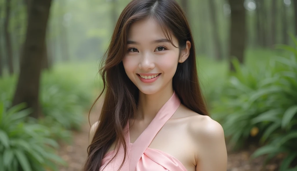 8K, Ultra-high resolution, Highest quality, masterpiece, 三分割法によるphotograph,Surreal, photograph, 1 girl, (16 years old:1.3), pretty girl, Cute face, Beautiful eyes in every detail, 細かくdetailedに,masterpiece,, One Girl:1.2, Japan Female Announcer,whole body,Young Wife,Girl with her back to the camera, evening, forest、Full of cleanliness,A carefree smile,Healing the heart,Semi-long layered hair,Looking at the audience、beauty,Long neck、Laugh a little、Please close your mouth and laugh、(((Ideal body type))),A-cup small breasts :2,、Portraiture:2、Perfect Anatomy、鮮明なdetailed、detailed、Surreal、Light and shadow,Strong light