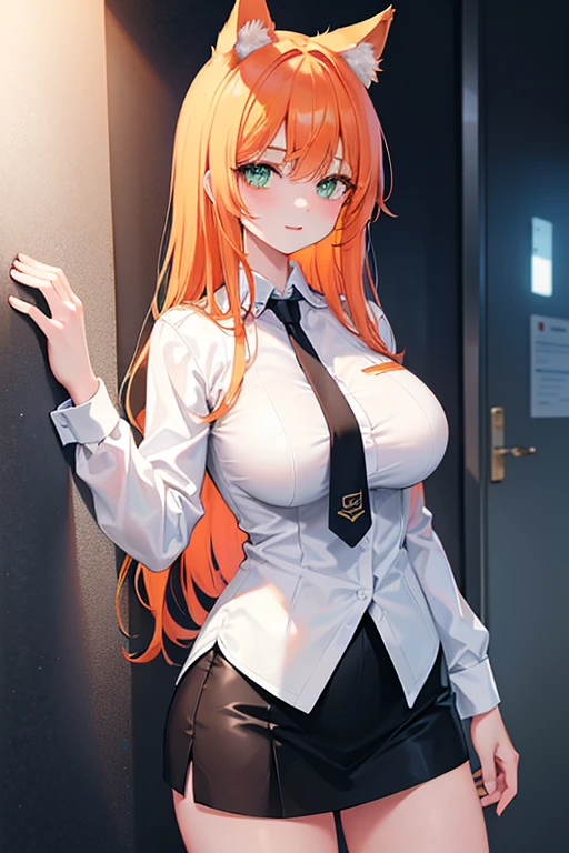 A girl with a white shirt that is too tight for her body, the buttons on the shirt are half open, a black skirt and a belt. She has orange hair and is tying her hair in a ponytail.