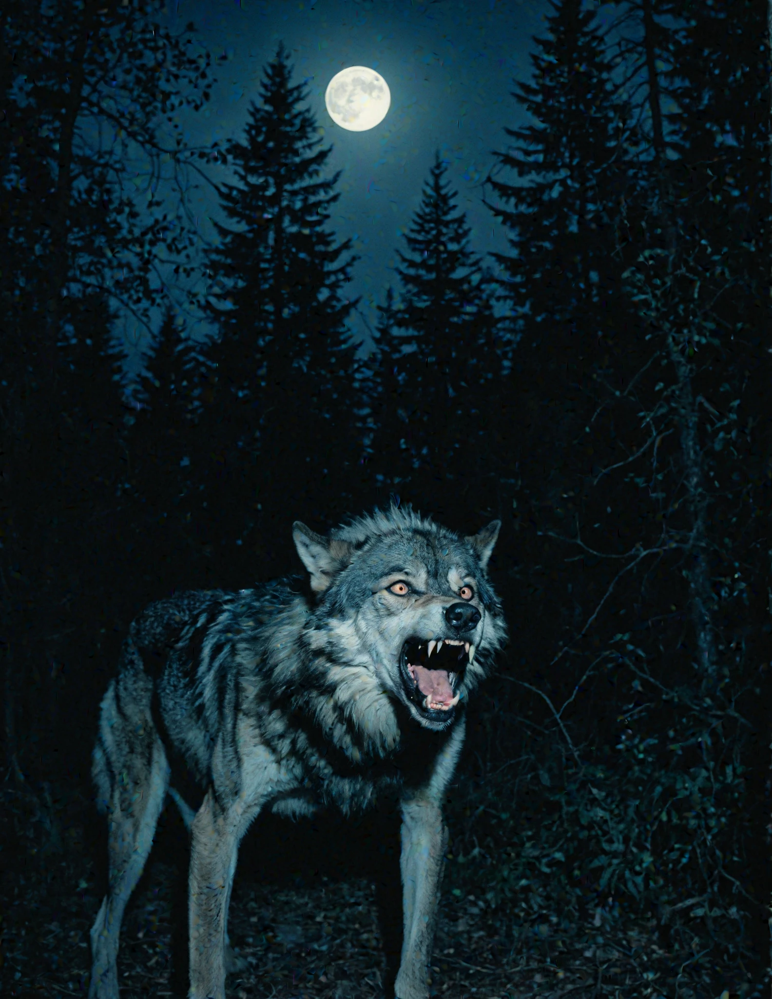 vhs style, vintage, fashion photography of horror,  humanoid wolf fashion model in dark blue myst, blue night forest background