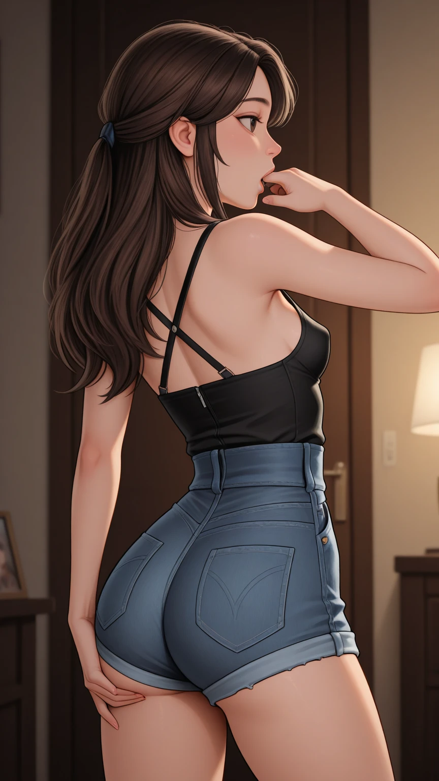 (table top, highest quality, High resolution, , perfect pixel, 4k,), 1 girl, single, alone, Beautiful woman、I could see the whole body、 ((wavy middle hair, bangs, brown hair)), ((brown eyes, beautiful eyelashes, realistic eyes)), ((detailed face, blush:1.2)), ((smooth texture:0.75, realistic texture:0.65, realistic:1.1, Anime CG style)), medium breasts, dynamic angle, perfect body, ((, beige off shoulder sweater、tight denim skirt、black stockings、cute necklace、earrings、)), upper grade、shy smile、university campus、Slouching on the stairs、Pose covering the buttocks with both hands、look back、Gravure Idol Sexy Pose、angle from below、Bring your arms together to emphasize your chest、、pink lace panties are visible、