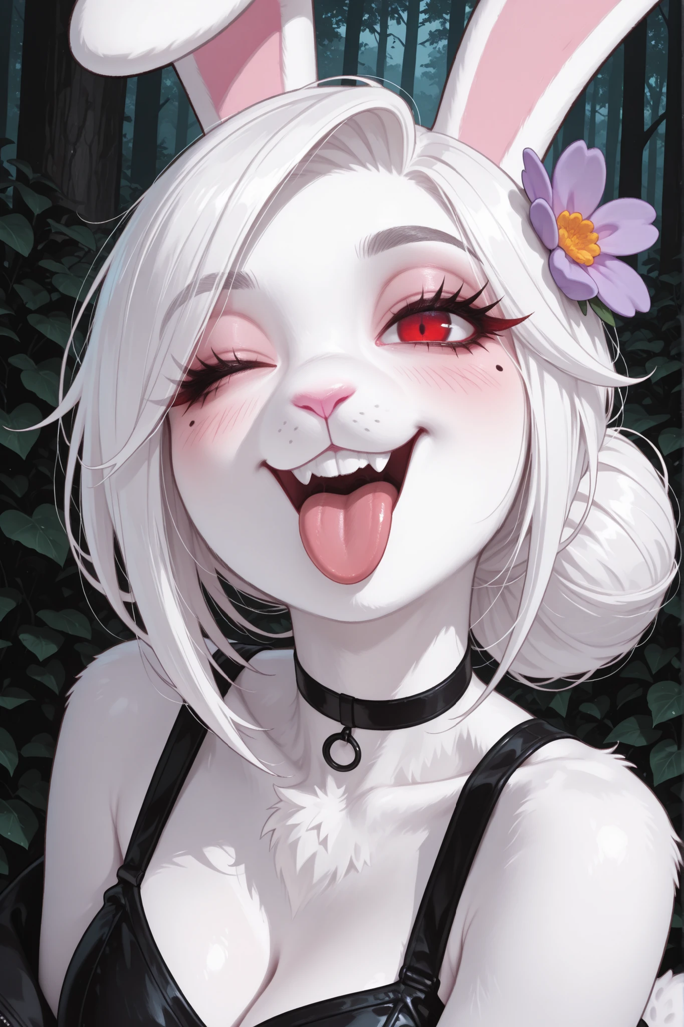 masterpiece, best quality,
outdoors,
upper body,headshot,evil smile,parted lips,long eyelashes,tongue out,black choker,one eye closed,head tilt,mole under eye, blush,
C4rr0ts,1girl,solo,furry female,rabbit girl,rabbit ears,red eyes,white hair,body fur,white fur,rabbit tail,animal nose,hair ornament,hair flower,hair bun,buck teeth,
