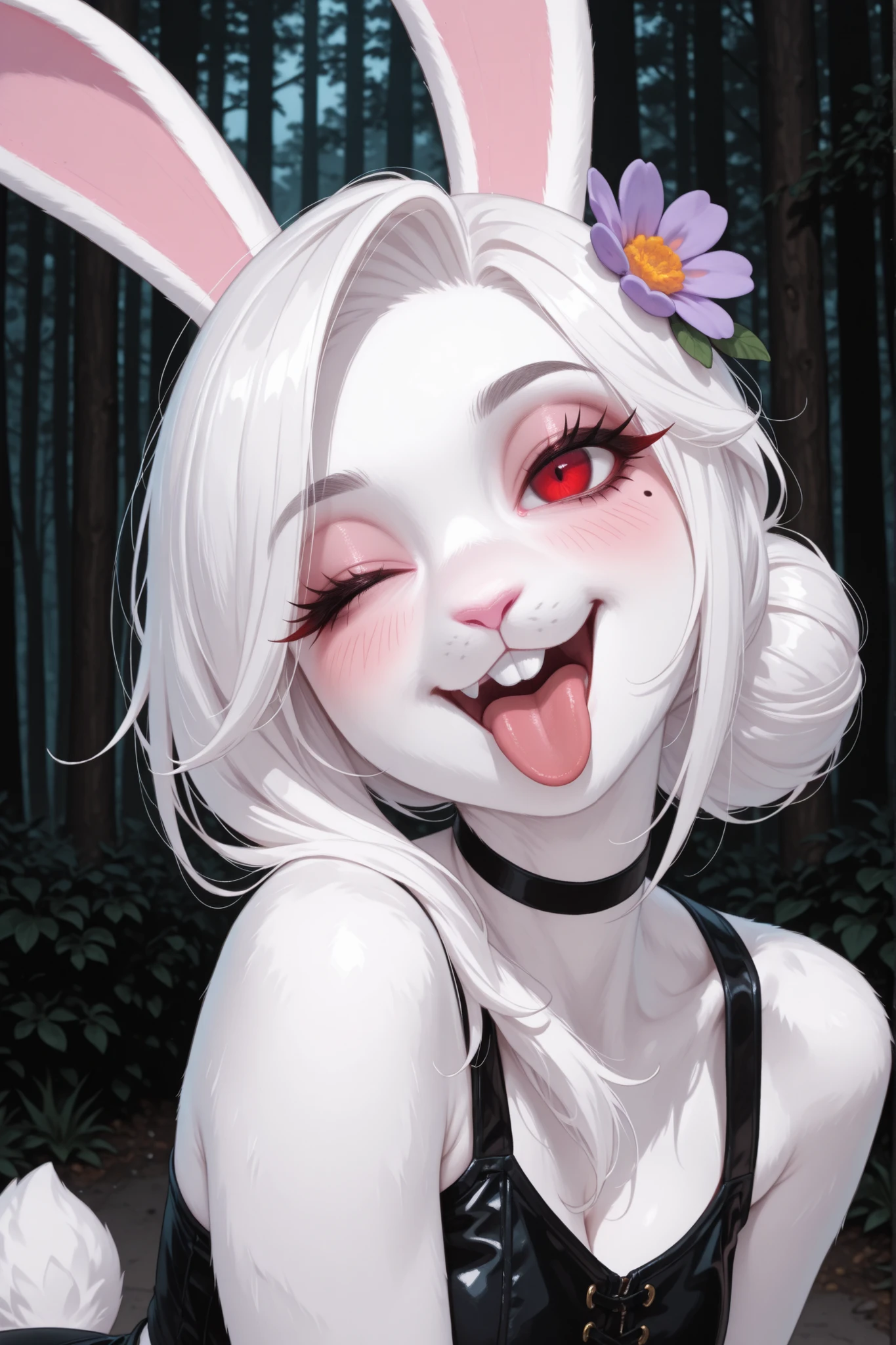 masterpiece, best quality,
outdoors,
upper body,headshot,evil smile,parted lips,long eyelashes,tongue out,black choker,one eye closed,head tilt,mole under eye, blush,
C4rr0ts,1girl,solo,furry female,rabbit girl,rabbit ears,red eyes,white hair,body fur,white fur,rabbit tail,animal nose,hair ornament,hair flower,hair bun,buck teeth,