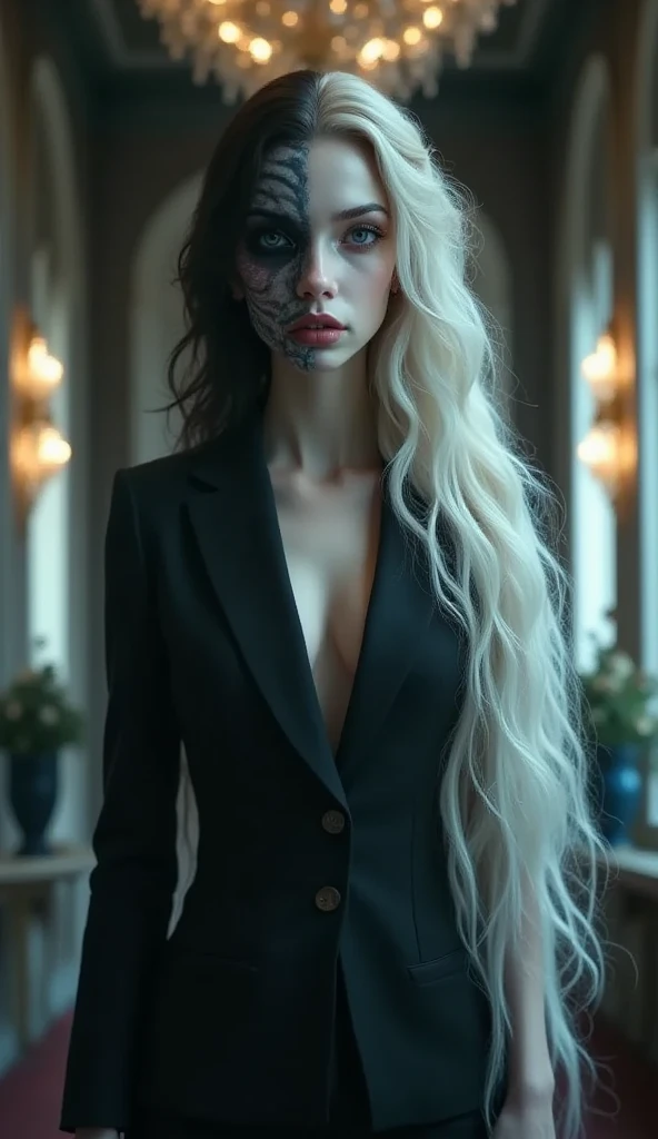 8k, masterpiece, top quality, surrealism, The right half of the face is female and the left half of the face is male、long white wavy hair、Black Suit、Hallway in a Luxury Apartment、