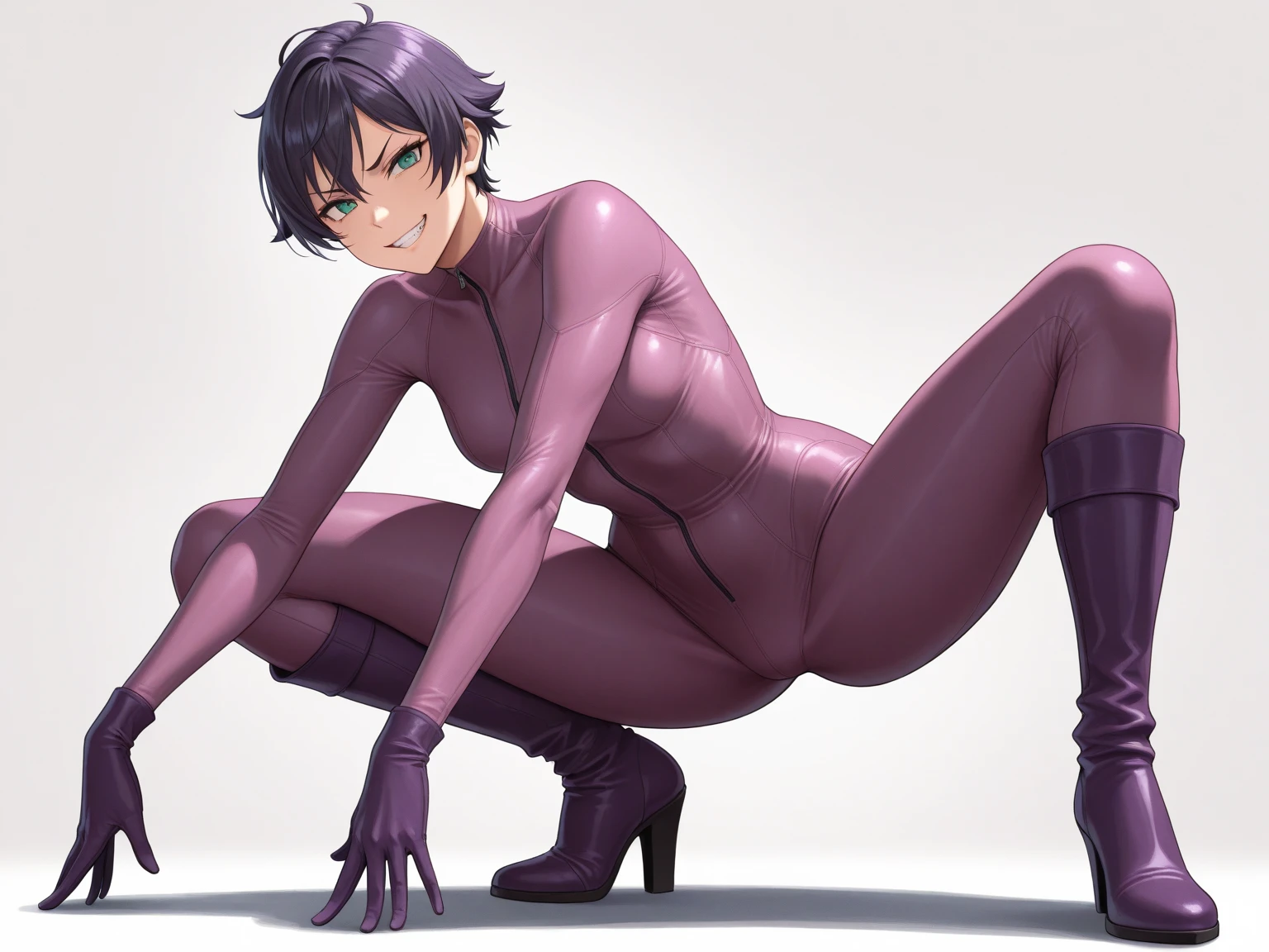 videl,1 girl,Alone,black hair,blue eyes,((bright purple tight suit,:1.5)),barefoot,big breasts,smile,blush,Research room,bare hands,Highest image quality,highest quality,Standing,back view,butt,buttを視聴者に見せる,back,((one little girl:1.4)),