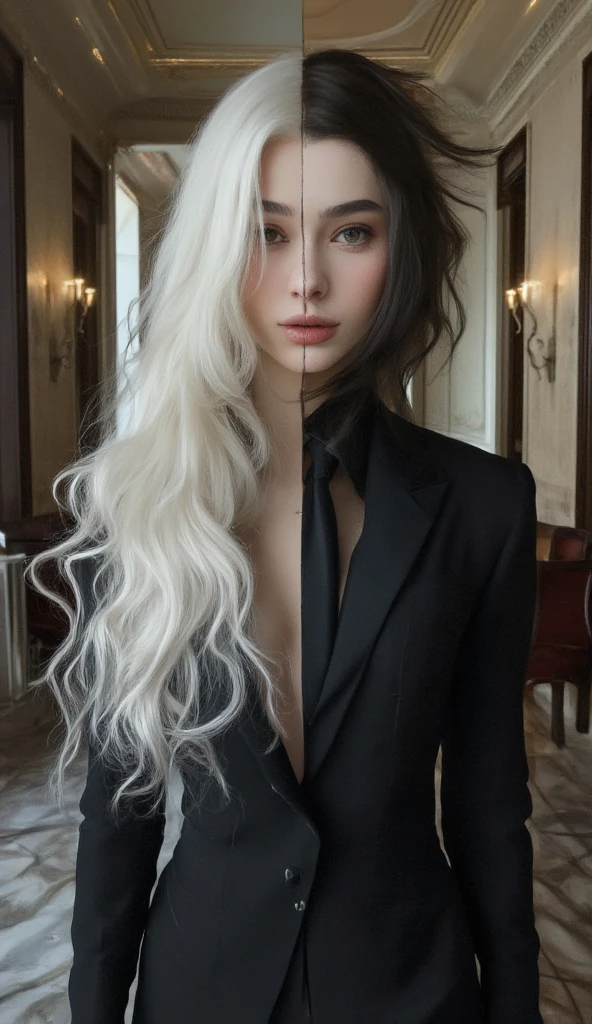 8k, masterpiece, top quality, surrealism, The right half of the face is female and the left half of the face is male、long white wavy hair、Black Suit、Hallway in a Luxury Apartment、