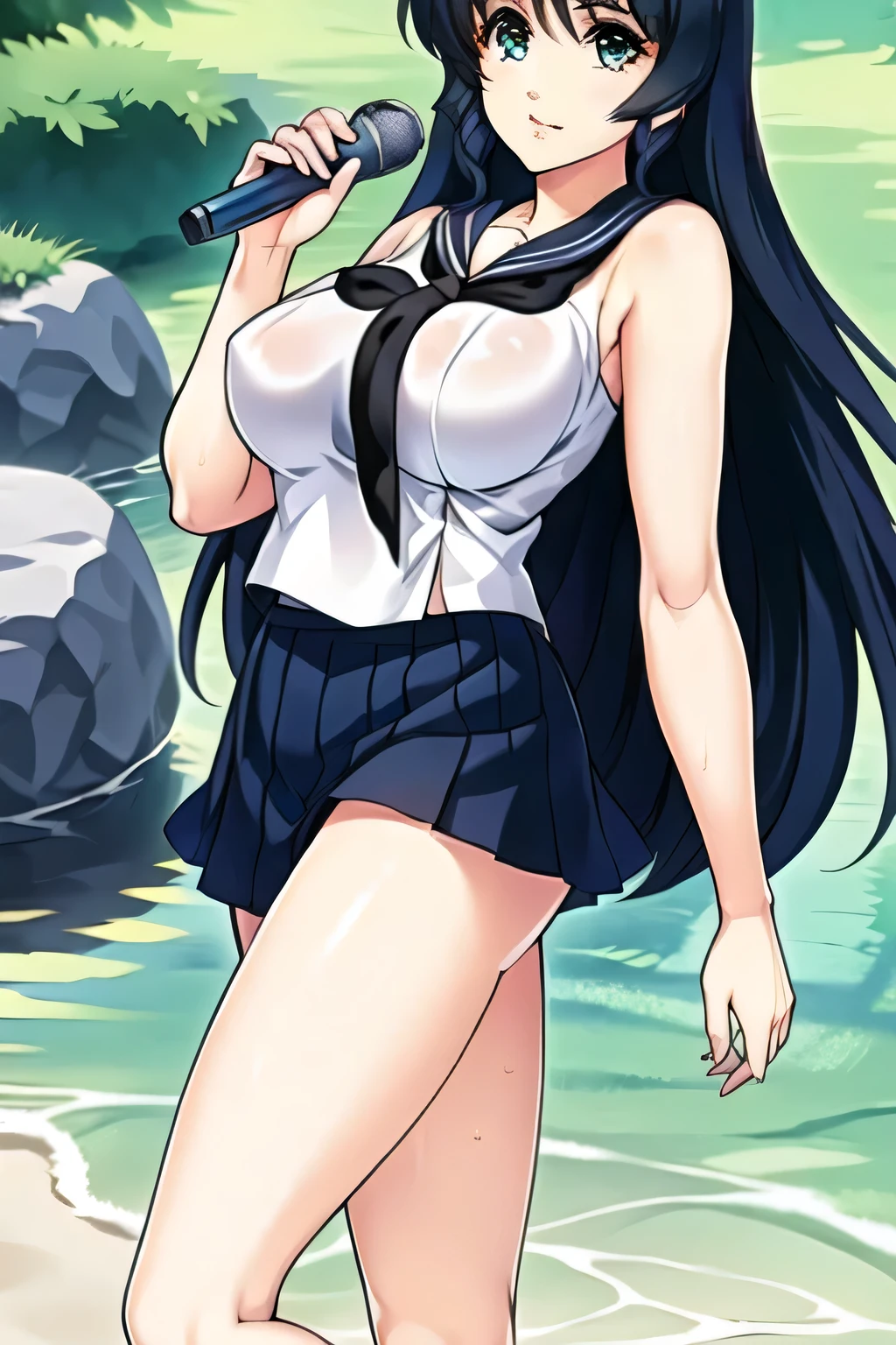 can you draw a front view,Can you draw a woman singing with a microphone、 Wet 乳首が透けて見える鋭い笑顔の女性、can you draw a woman in a summer sailor suit,they are wearing pleated skirts,white panties,skirt that flutters in the wind,teacher's house with a cane,Forest bathing,feel the wind and relax,,beautiful legs,,Please draw a more delicate expression,beautiful woman,long black haired woman,,Breasts Hidden in Costumes,big boobsでもウエストが細い,Prioritize facial expression, so don't crop your face,Accurate details of hands and feet,beautiful legs,high heels,,Please draw a more delicate expression,、 , Attractive 20 Year Old Woman ,, Big black wavy hair, , big boobs, thin waist , , ,Human foot2Human foot, please ,Big Ass,thighs,beautiful legs,big breasts, Wet 、Sharp people with transparent nipples々,can you draw a bigger picture,don't trim your face because facial expression is a top priority,face is absolutely necessary,