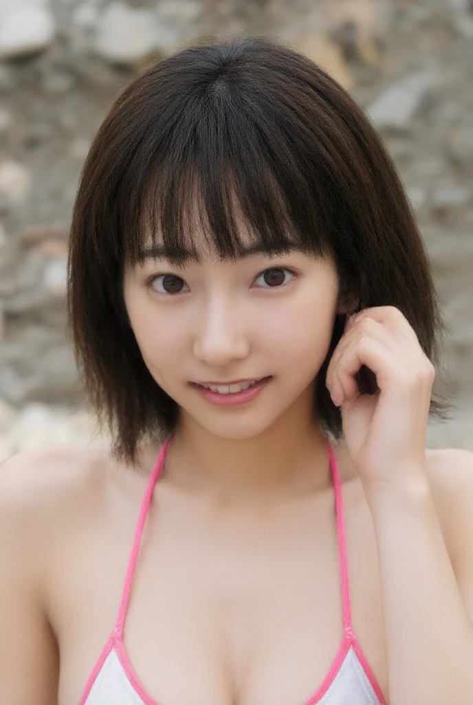 ((Highest quality)), ((masterpiece)), Perfect Face,Highest quality,Best image quality,Curvaceous,Fine skin,cute ,((19-year-old female:1.6)),Japanese Girls,Healing face,Baby Face,Childish,Big eyes ,(Saggy breasts:1.2),smile,happiness,Shaving,Browsing Caution,Spread your legs,Place your arms behind your head,Short Hair,Micro Bikini