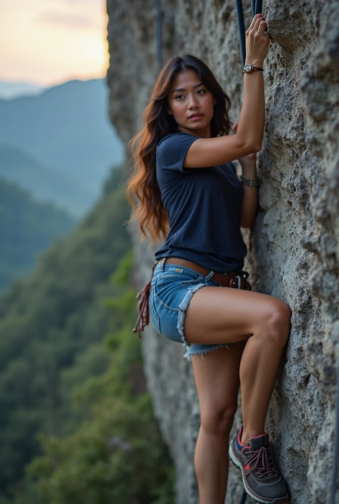 A young woman, with a confident and graceful demeanor, climb barefoot a difficult rock natural route wearing sexy hot pants