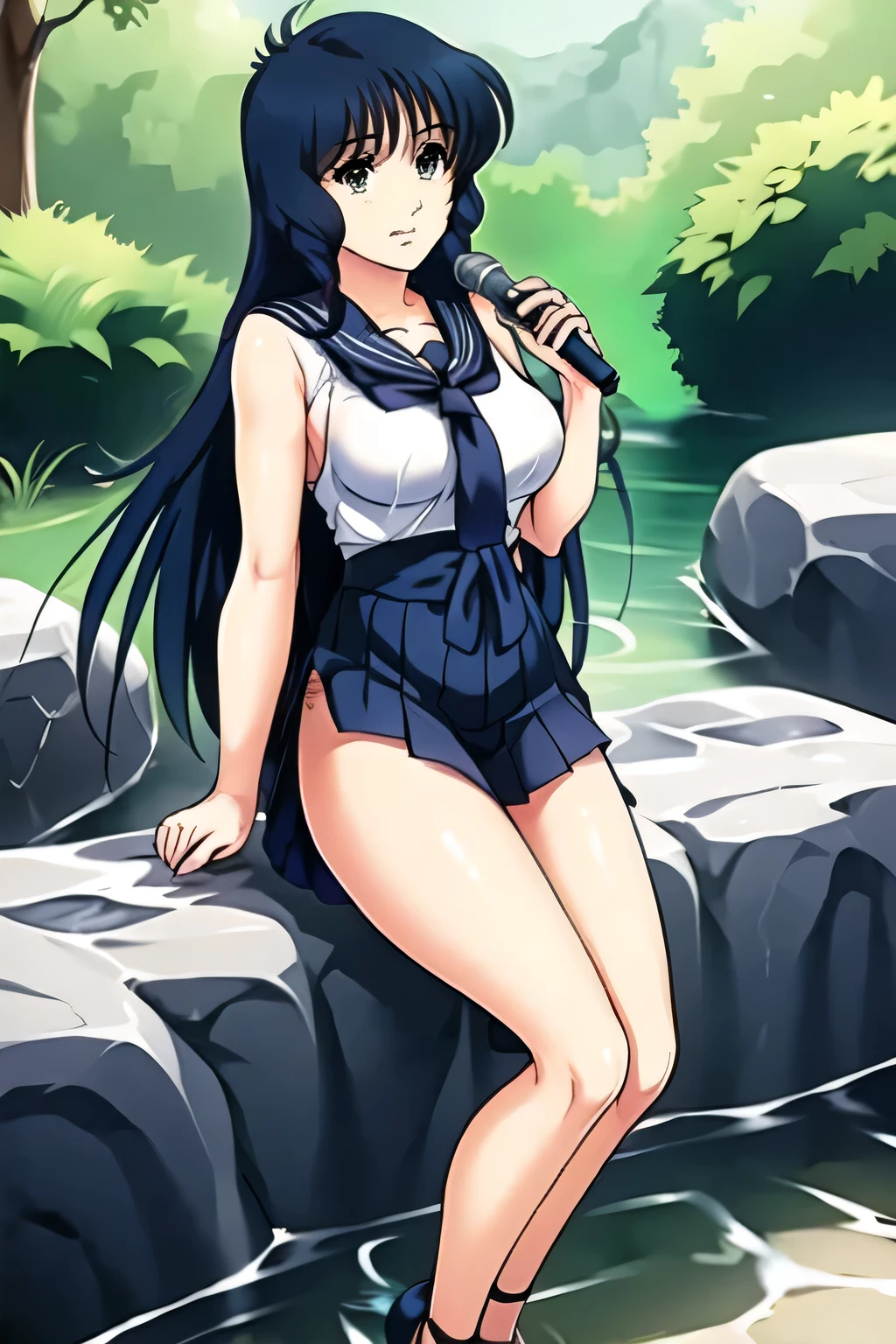 can you draw a front view,Can you draw a woman singing with a microphone、 Wet 乳首が透けて見える鋭い笑顔の女性、can you draw a woman in a summer sailor suit,they are wearing pleated skirts,white panties,skirt that flutters in the wind,teacher's house with a cane,Forest bathing,feel the wind and relax,,beautiful legs,,Please draw a more delicate expression,beautiful woman,long black haired woman,,Breasts Hidden in Costumes,big boobsでもウエストが細い,Prioritize facial expression, so don't crop your face,Accurate details of hands and feet,beautiful legs,high heels,,Please draw a more delicate expression,、 , Attractive 20 Year Old Woman ,, Big black wavy hair, , big boobs, thin waist , , ,Human foot2Human foot, please ,Big Ass,thighs,beautiful legs,big breasts, Wet 、Sharp people with transparent nipples々,can you draw a bigger picture,don't trim your face because facial expression is a top priority,face is absolutely necessary,