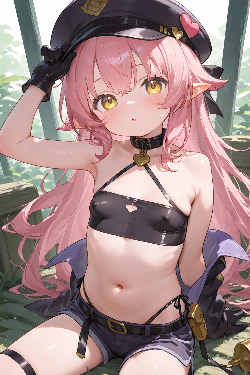 (masterpiece, best quality), best quality, (ultra-detailed), (3heads:1.5), 1girl, (mystia lorelei:1.3), masterpiece, best quality, ultra quality, ultra resolution, ultra detail, white and pink top, crop top, ((stomach)), midriff, ((groin)), dark pink skirt, normal ears, shackles, dark pink hair, very long hair, wavy hair, sidelocks, green eyes, parted lips, sweat, cute, toned belly, hand on own chest, eyelashes, (24 year old woman:1.3), (masterpiece:1.5), (best quality:1.5), (beautiful detailed), extremely detailed CG, extremely delicate and beautiful, depth of field, (finely detailed face), (perfect details:1.2), (mature female:1.3), wide pelvis, slender, large veiny breast, 16k resolution, highres, high quality, high definition, extremely detailed, masterpiece, dark pink hair, long hair, alluring presence, braid, short skirt, close up, big tits, young,
