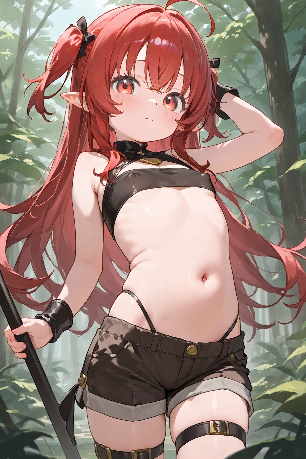 yuukikonno, yuuki konno, hairband, long hair, pointy ears, purple hair, (red eyes:1.5), (small breasts:1.2), open mouth, hands above head, thrusting chest forward, smiling,
BREAK light pink frilly bikini, red hair band
BREAK looking at viewer, upper body, full body,
BREAK outdoors, forest, nature,
BREAK (masterpiece:1.2), best quality, high resolution, unity 8k wallpaper, (illustration:0.8), (beautiful detailed eyes:1.6), extremely detailed face, perfect lighting, extremely detailed CG, (perfect hands, perfect anatomy),