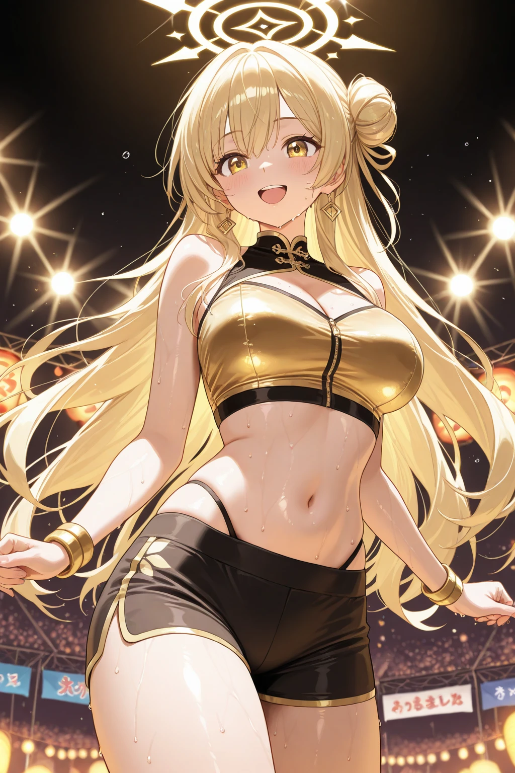 top-quality、Top image quality、​masterpiece、girl with((20yr old、Best Bust、big bast、Bust 85,beautiful golden eyes、Breasts wide open,Blonde long hair、A slender、Large valleys、Tank tops、Cosmic dress、Gold Bikini、bending forward、Laugh)）hiquality、Beautiful Art、Background with((Evening Party、Golden Chain)))masutepiece、visualart、depth of fields、