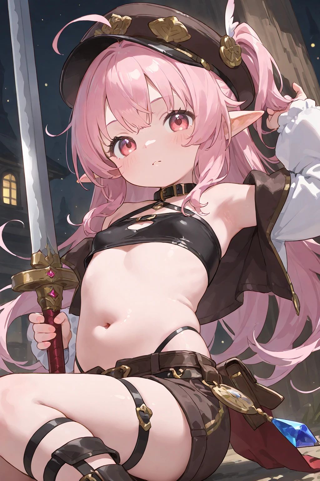 (masterpiece:1.2), (highest quality:1.2), perfect eyes, perfect face, perfect lighting, middle ages, grassland, Rock Shade, , 1 boy, Pink Hair, Iris,  Semi-long hair, Small breasts, ((((white bikini armor)))), arms up, spread legs, ((scared)), open mouth , upper BODY, one eye closed , (((disdain))), sweat 