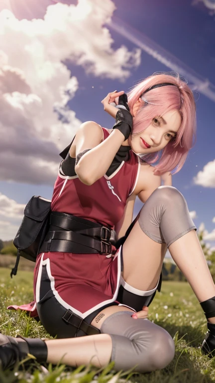 A girl cosplaying as the character sakura from the anime naruto shimpudder. She has long pink hair, a bandana tied in white, a green ninja vest, naruto shimpudder-like costume, Slightly open neckline, red color outfit with black, bright green eyes, tight black shorts, thick legs, slim waist, fighting stance, wears black gloves, black boots,  ultra realistic and detailed cosplay of the character sakura. Masterpiece, Ultra HD, 8k, photography, real skin, real hair, blurred background f1.2. Masterpiece, professional realistic photography style. 