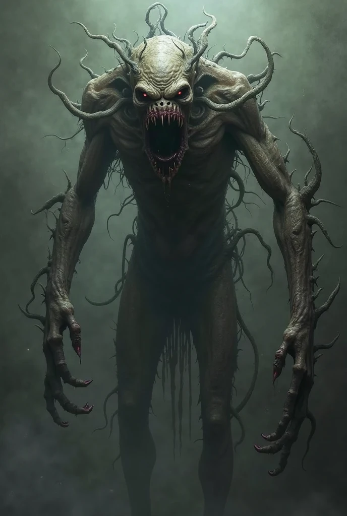 Create an image of human monster standing in forest. This monster have garland made up of broken human fingers. 