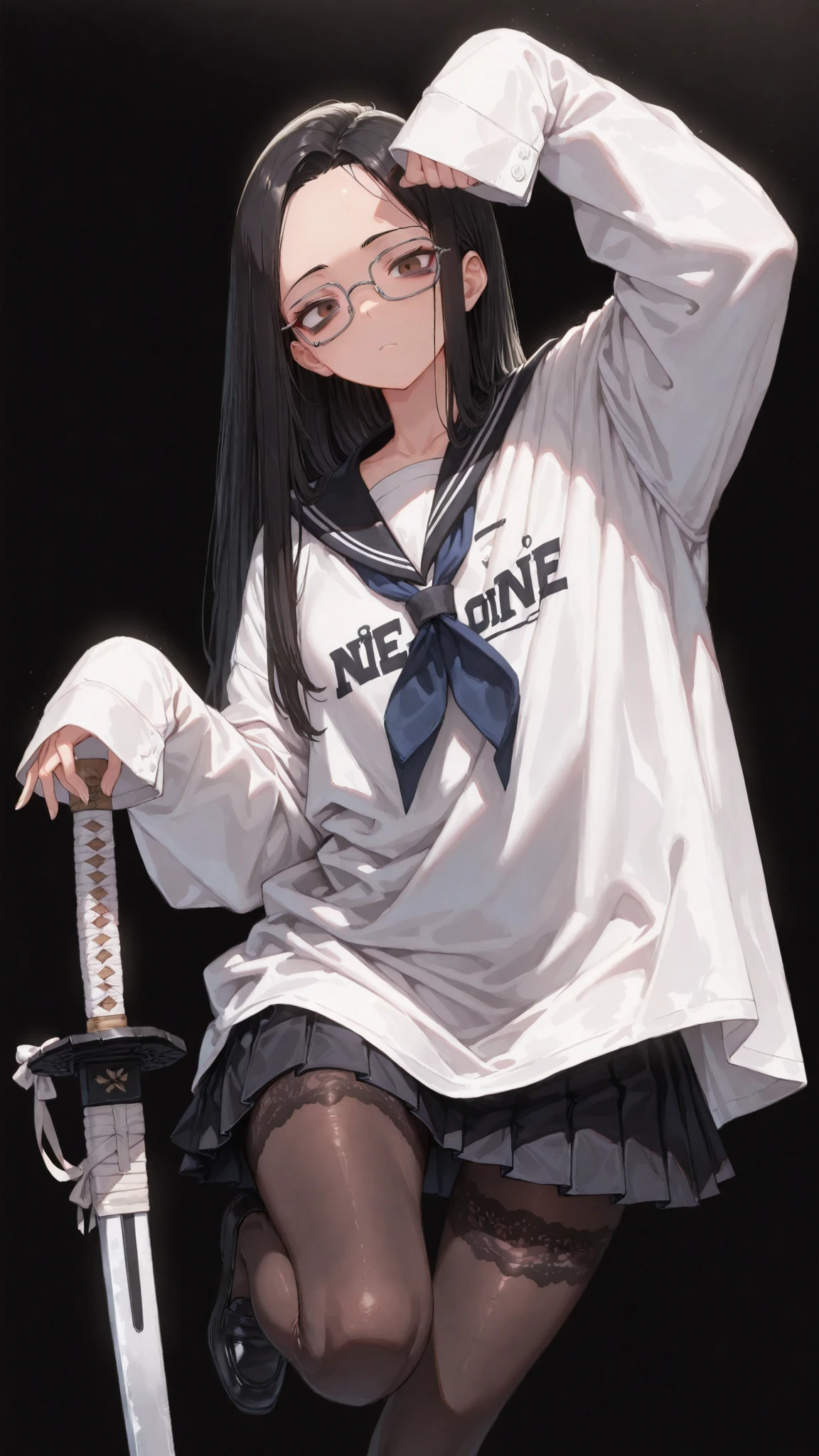 ,,JK,oversized shirt,Shelley Gee, (masterpiece, top quality, High selection accuracy: 1.2), , Alone, (masterpiece, best quality:1.2), Bartolomeo Bari , Kiyomi , (1girl, solo), (Long Black Hair, straight hair, Quota), brown eyes, (Serofu, lace fabricセーラー服)、cowboy shot、lace fabricのレオタード、long pleated skirt、Black background、pantyhose、stand on one leg、Black Sailor Color、lace fabric、growing、thin、ghost pose in long-sleeved clothing、oversized uniform、no expressions、glass、dark circles under the eyes、 holding a Japanese sword、Fair skin、Unhealthy 、