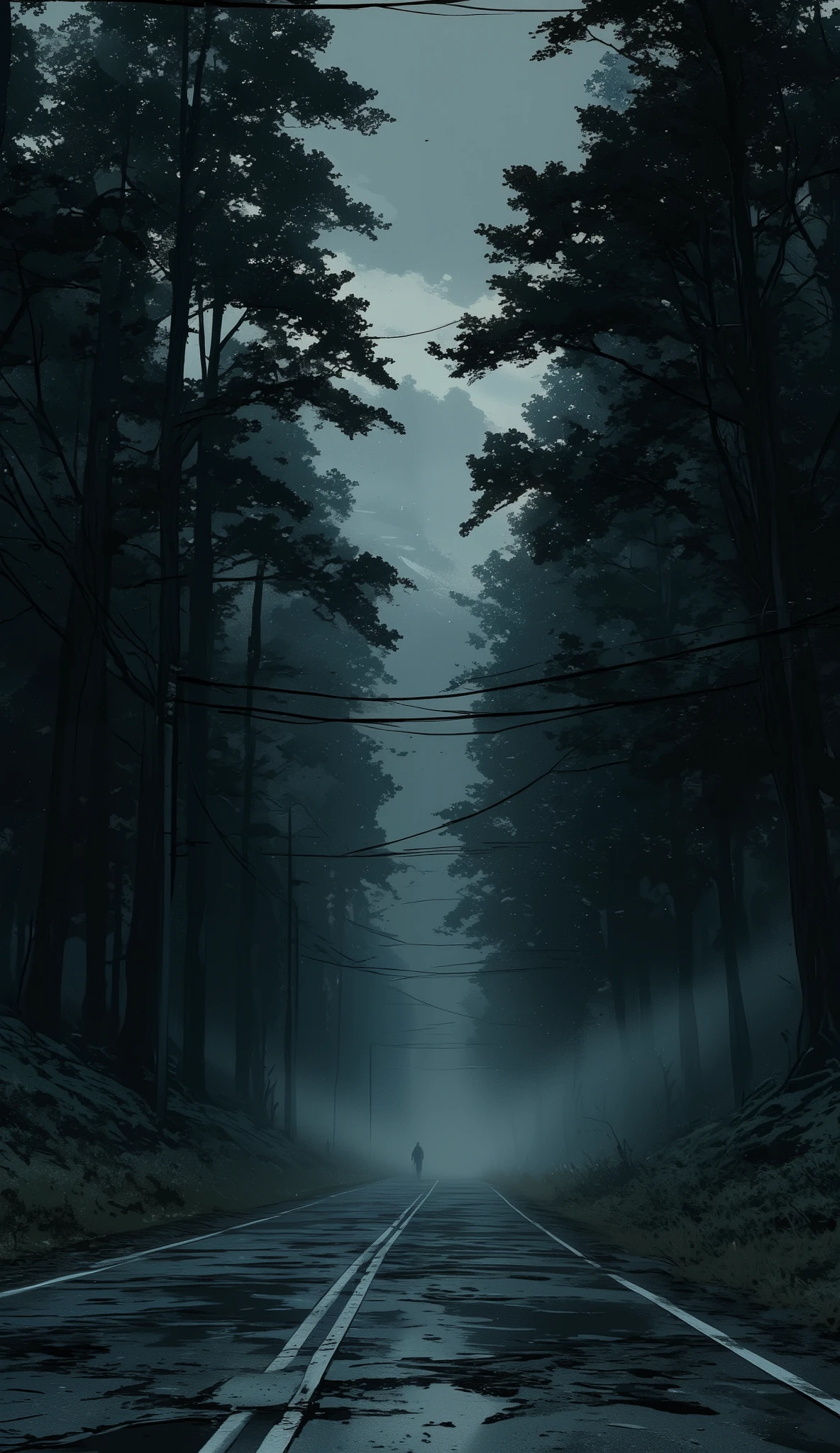 The image depicts a dark, moody forest scene with a road running through it. The road is wet, possibly from recent rain, and has white lane markings. On either side of the road, there are tall trees with dense foliage, creating a canopy that partially obscures the sky. The atmosphere is eerie and mysterious, with a thick mist or fog that adds to the sense of isolation and tranquility. The overall color palette is dark, with shades of gray and black dominating the scene, enhancing the feeling of a late-night or early-morning setting.