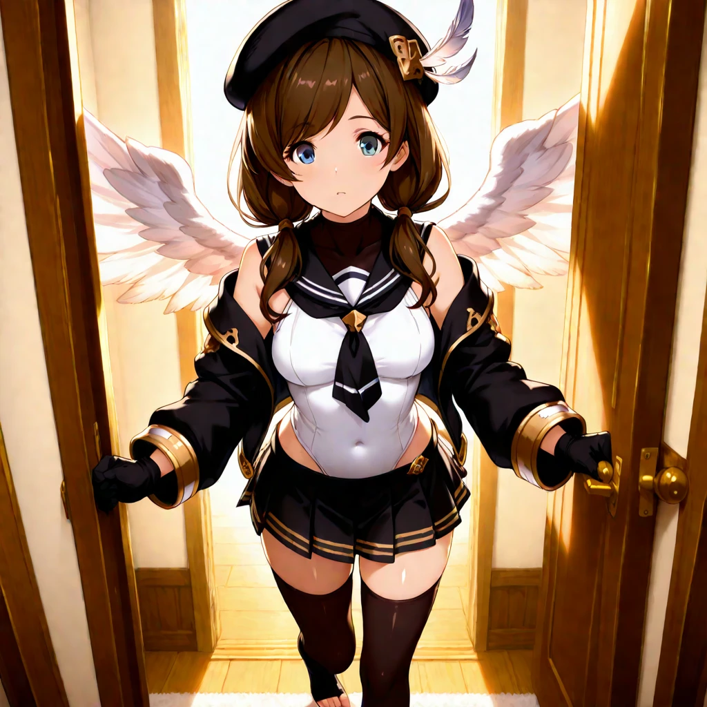(HD, Sharp), 1 girl, Super Glossy Skin, (fluttering skirt, skirt lift, white underwear:1.2), Big breast, kind smile, pov, reaching hands towards viewer, outstretched arms, sweetlip, black outfit, navel, white thighhighs, gloves