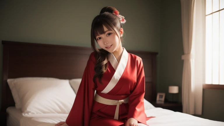masutepiece, Best quality, musse egret, Pink kimono, sash, Looking at Viewer, Seiza, Room, tea ceremony, Smile