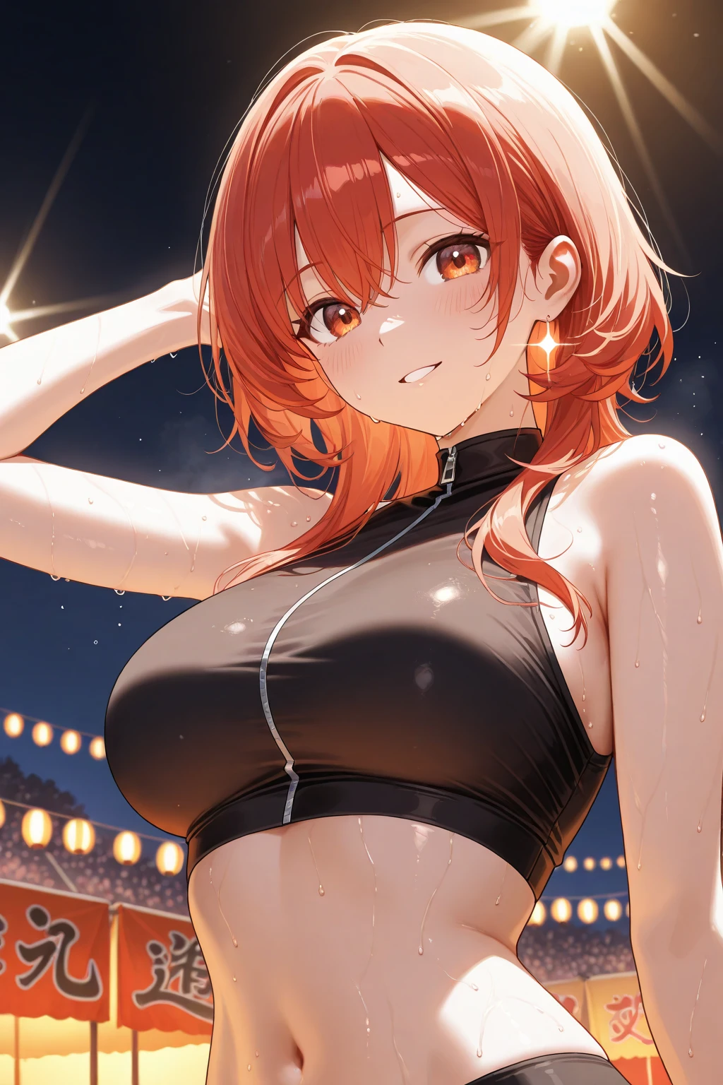 (8k, 4k, Masterpiece, Ultra quality, Ultra detail, HDR, Anime, Brighter colors), (1girl, Kitsune ears, Cherry-red hair, medium hair, Bangs over one eye, Tied hair, Blush, Lustful look, Heart pupils, smiling, heavy breath, breasts, (Sport bra, Highleg panty, thigh-highs), Standing , Hands behind back