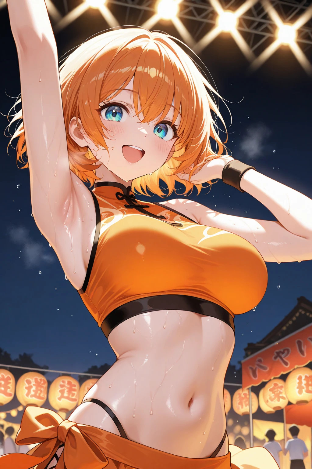 (masterpiece, best quality:1.2),illustration,8k,hd,1girl,solo, hair ornament, hair between eyes, brown eyes, ahoge, orange hair, side ponytail, one side up, hair scrunchie, Live Stage, Big Breasts, naked , solo, nipple, 19years old