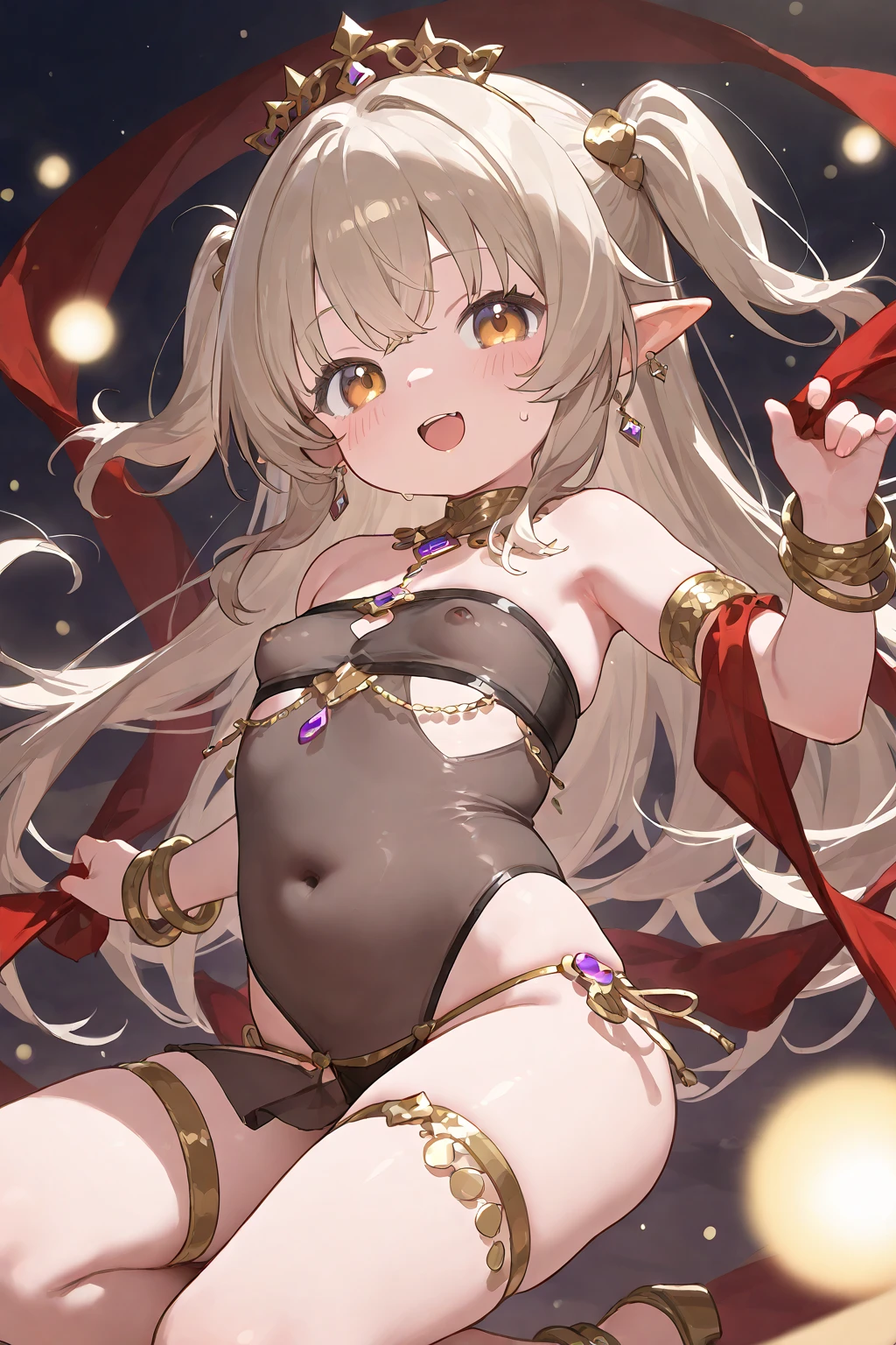 1 girl, muelsis \(polar nights\), polar nights,(masterpiece, Best quality:1.2), newest,simple background, space background. bikini, greens, water, Orange eyes,elf ears, Detailed eyes, Perfect eyes,(mature woman:1.2), Slim body, ,from the nanny,I take a selfie and show my ass