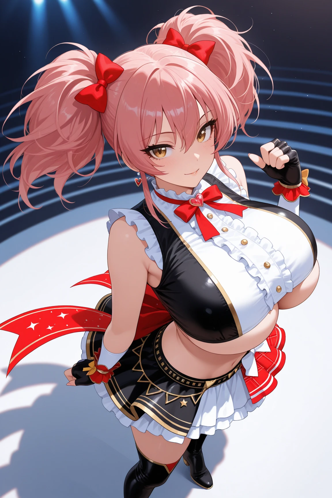 masutepiece、Best Quality、hight resolution、tre anatomically correct、((stage))、microphone、((live))、dance、white dres、Black ribbon at chest、a miniskirt、(Vibrant colors：1.2)、(​masterpiece：2.0)、onepiece、Uta、blanche、left red hair、right gray hair、Not wearing pants、divine spirit、Flushed cheeks、a smile、Beautiful girl in every detail、Body shining with sweat、Wet、Seductive thighs、sexy  pose、Hair above one eye、(frombelow:1.5)、Pussy、Female genitals、vaginal、Intravaginal、Expansion、You can see inside the skirt、((Female genital exposure))、Lit up、(pointy tits:1.6)