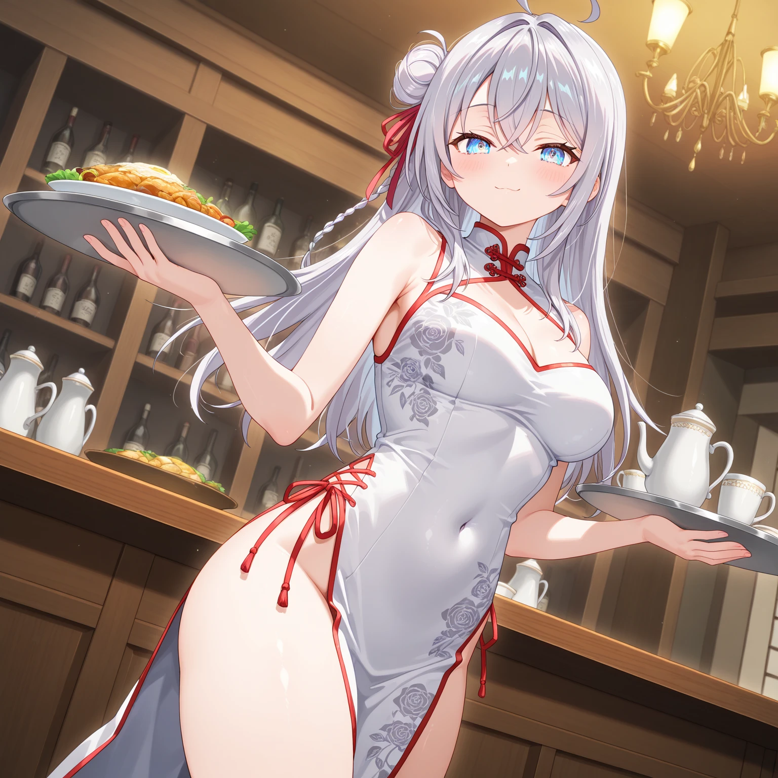 ,(long hair, wearing nothing:2),large breasts. cooking, empty eyes, ConcertHole, 1girl, , bar counter, hair band, pool, church, hair PIN, ,