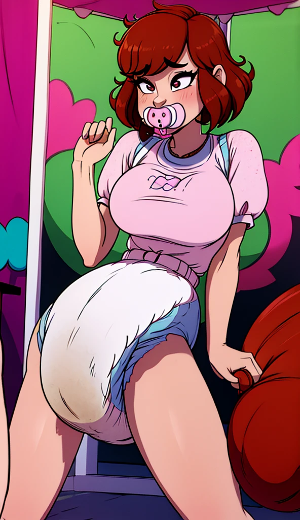 score_8, score_9, jenny, 1 girl, Alone, Brown hair, ponytail in hair, Blue eyes, earrings, standing, open smile, front view, spread pussy, bottomless,, masturbating, naked, Chibi, New York City, in public, Short shirt, back view, squatting, looking at her vagina