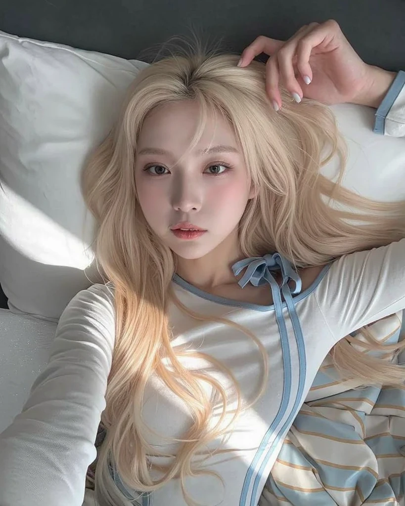 beautiful vintage color, bed and colorful pillow, instagram (photorealistic, high resolution:1.4), 1 girl cute sexy, (pajamas:1.4), platinum hair, (silver long hair), ((puffy eyes)), looking at viewer, happy, full body (8k, RAW photo, best quality, masterpiece:1.2), (realistic, photo-realistic:1.37),(sharp focus:1.2), professional lighting, photon mapping, radiosity, physically-based rendering, (Close-up angle: 1.4), (close-up:0.9), (pale skin:1.2) <lora:koreanDollLikeness_v10:0.3> <lora:koreanDollLikeness_v15:0.3> <lora:taiwanDollLikeness_v10:0.2> <lora:wlopStyleLora_30Epochs:0.01> <lora:japaneseDollLikeness_v10:0.1>
