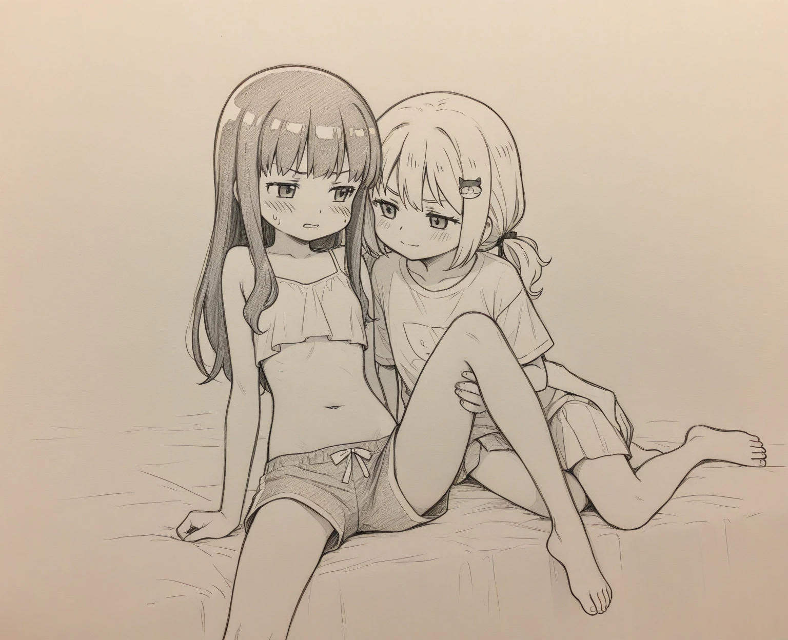 (masterpiece:1.2, best quality), (highly detailed:1.3), mother and daughter, long hair, long legs, (white panties), white crop top, sitting on bed, spread legs, smile, bare feet, bedroom, bright, warm