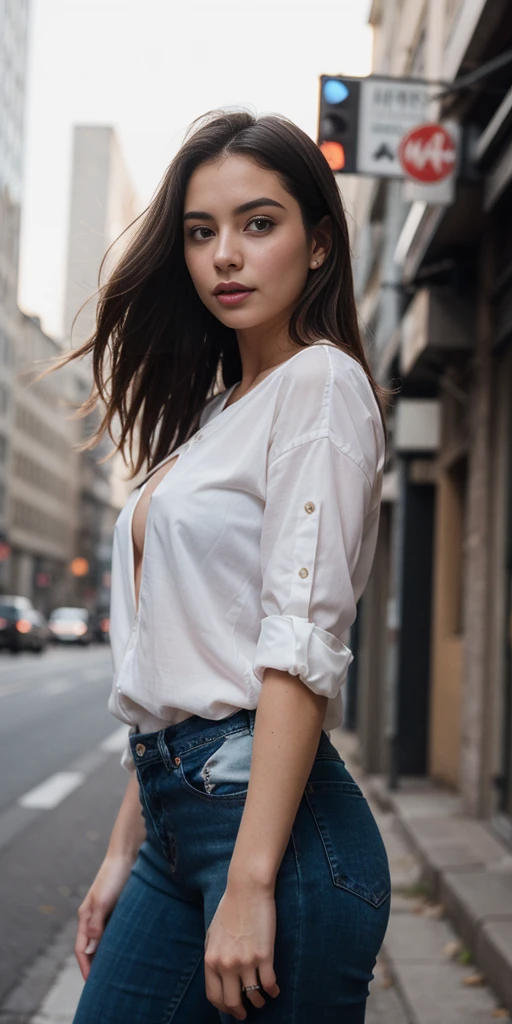 Masterpiece, full body shot, long_hair, gorgeous, city girl, (thin and slender).  neckline, western, (unbuttoned white shirt), (short_shorts). Hips and groin showing. slim legs.  hot girl, walking in the city, (masterpiece), Best quality, high resolution, extremely detailed, blurred background, depth of field, cinematic lighting,  16K, ultra high res.photorealistic, UHD, RAW