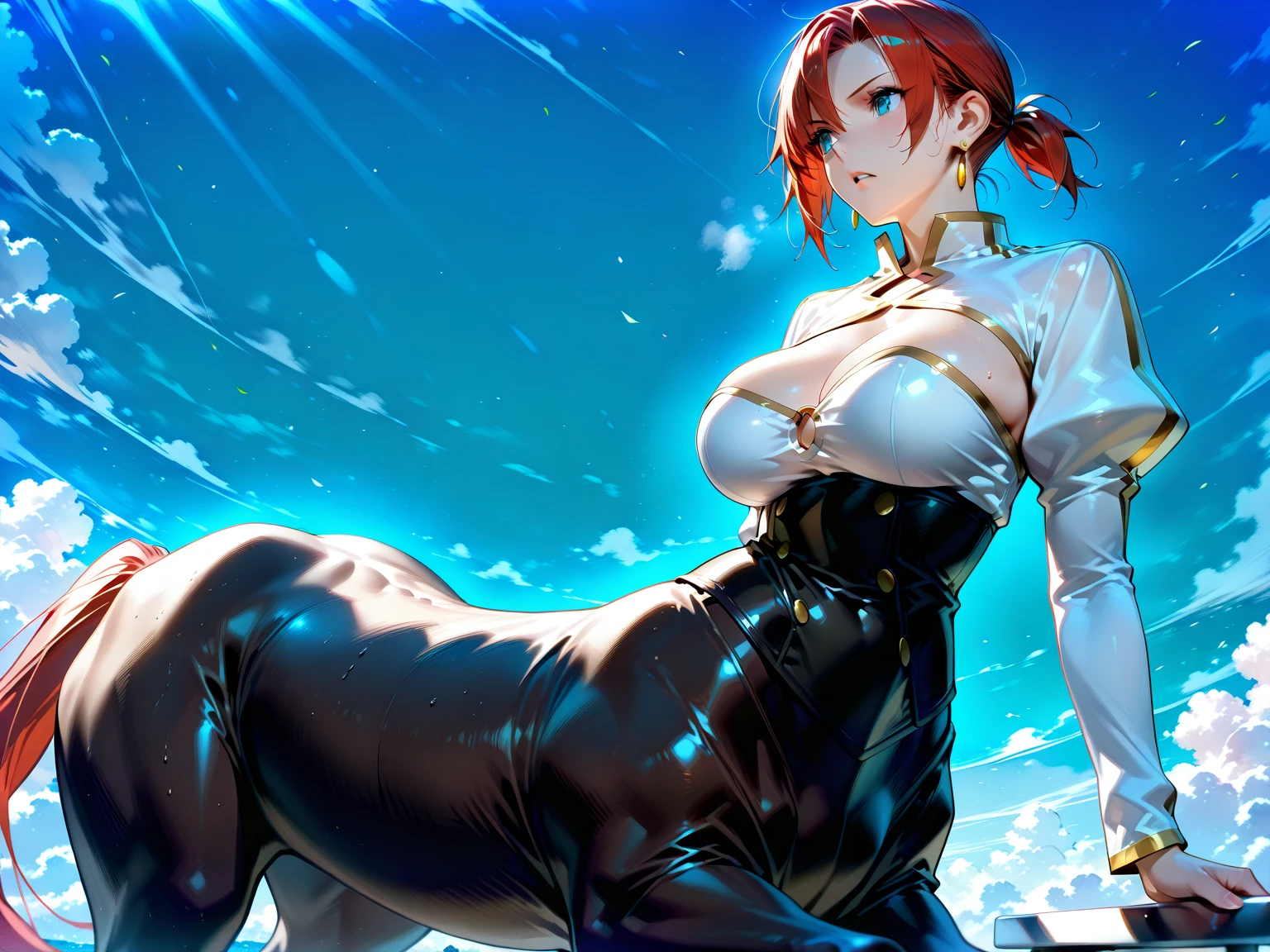 leather collar (Best quality, 4k, Masterpiece :1.3) full body standing symmetrical beautiful woman, hyper realistic, 1girl (drooping breasts, attractive body :1.2) sit-ups :1.1, short red hair: 1.1 (wet rainy, wet by rain, wet body :1.2) ultra-detailed face, detailed lips, detailed eyes, double eyelid, low-necked dress, open neckline, hanging breasts, side pose, visible curves, pool , poolside, red transparent robe, red sunglasses, muscular turned arms behind body, leather collar, golden bracers