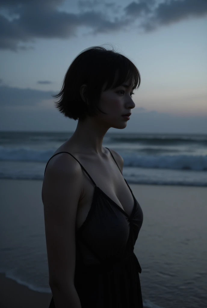 High resolution, masterpiece, Highest quality, One person, Japanese, Cute Face、Look up at the sky、Melancholic expression、Black Hair, Bob Cut Hair, Navy blue one-shoulder stylish swimsuit、Large Breasts, Sweat、Wet Hair、Wet body、Blur, Lens flare, movie,