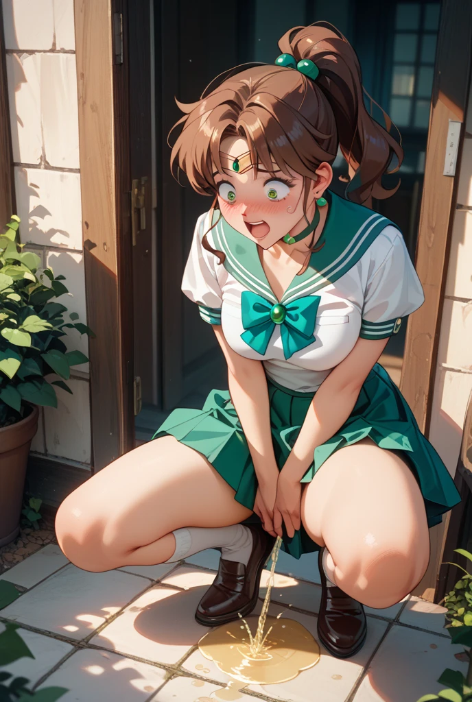 Sailor Jupiter peeing in a Japanese-style toilet