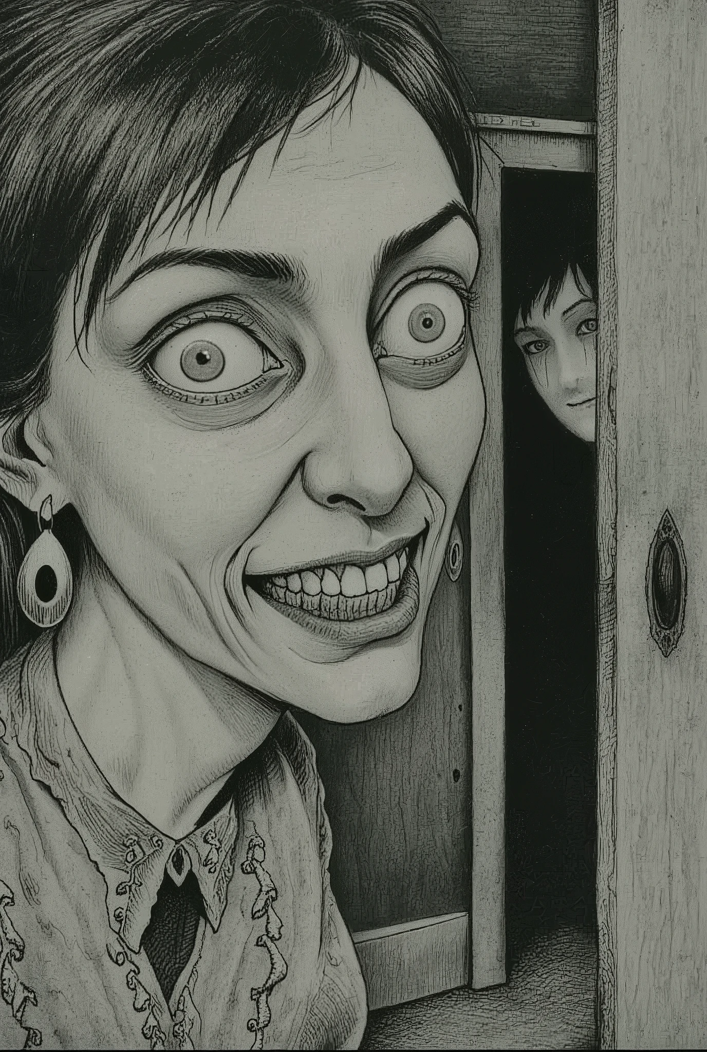 face close up,woman,crazy grin,Blackened Teeth,A smile peeking through the door,indoor,simple room background,Japanese horror style,feel scared,doom,Depressive Black,