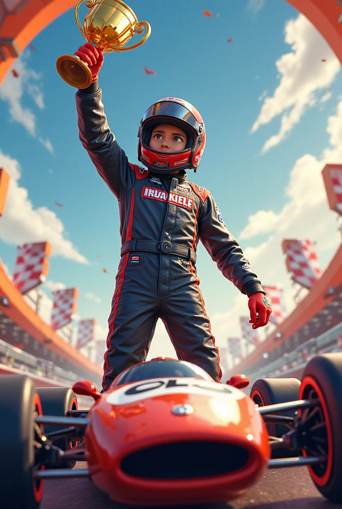 create text by juan miguel 9 years ,with the race track flag
